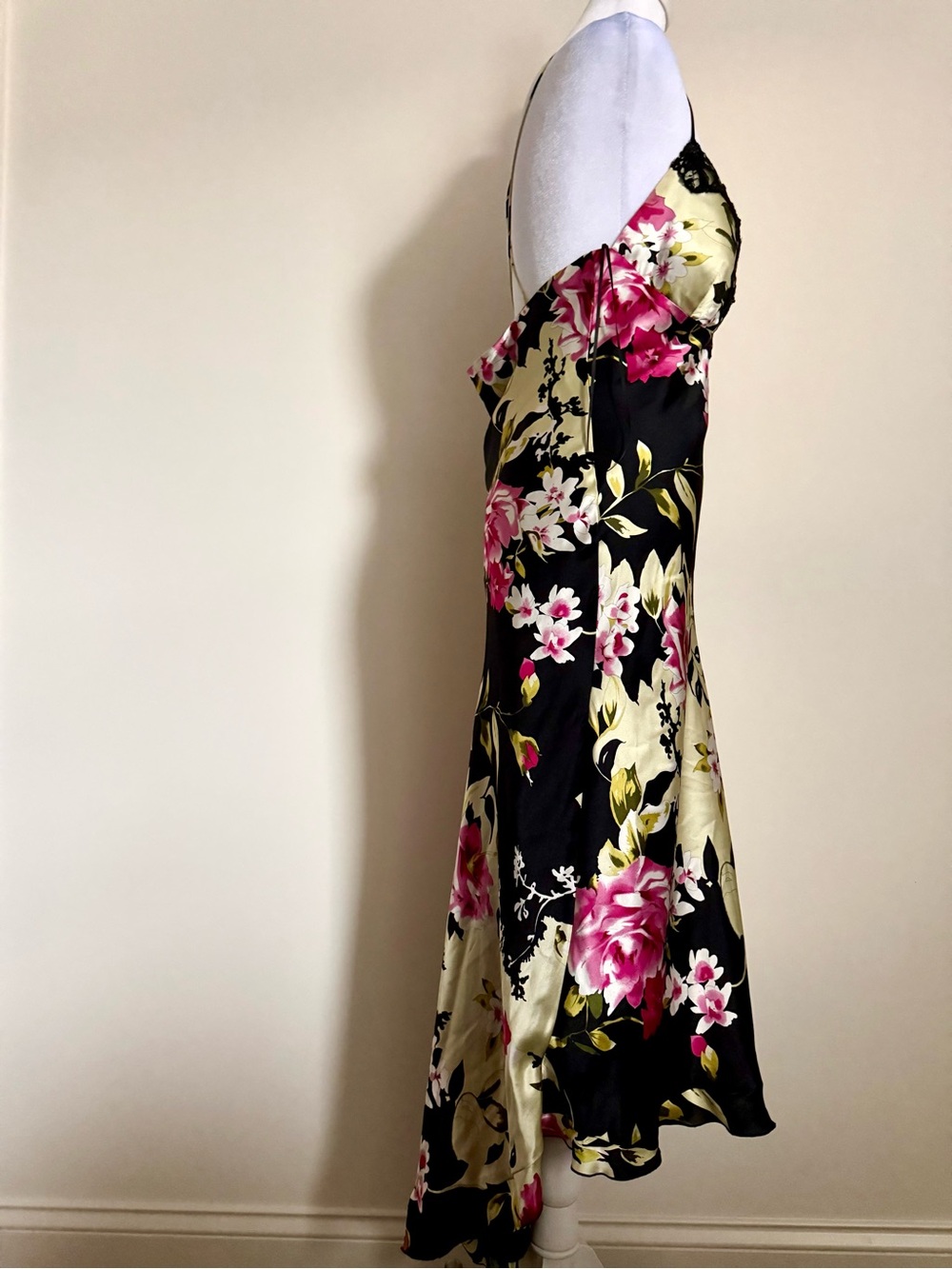 Mary L Couture Black Floral Slip Dress with Pink & Cream Accents 100% Silk - Picture 4 of 12